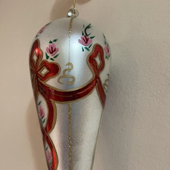 Kurt Adler Hand Blown Glass Christmas Ornament Hand Painted Ribbons Floral 8" - Picture 2 of 7